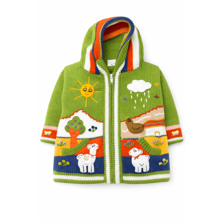 Colorful children's hoodie with animal and weather patterns on a white background - okotoks hc pharmacy