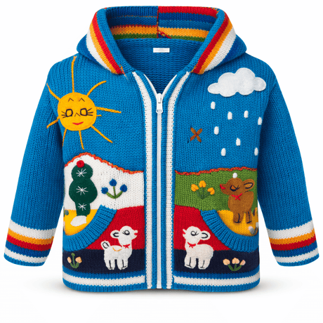 Colorful children's sweater with weather and animal designs on a white background - okotoks hc pharmacy