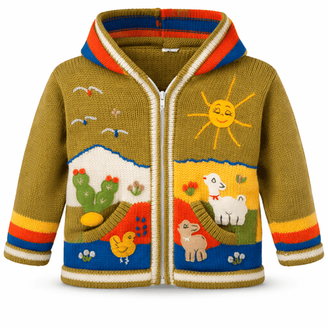 Colorful knitted jacket with animal and nature designs on a white background - okotoks hc pharmacy