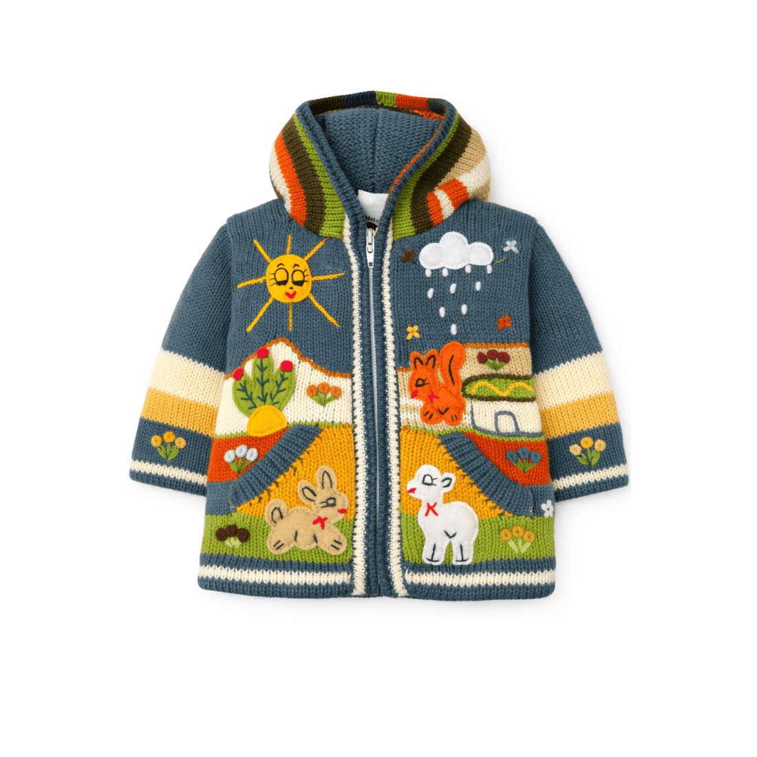 Colorful children's knitted jacket with animal and weather designs on a white background - okotoks hc pharmacy