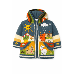 Colorful children's knitted jacket with animal and weather designs on a white background - okotoks hc pharmacy