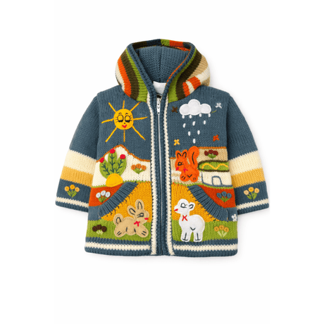 Colorful children's knitted jacket with animal and weather designs on a white background - okotoks hc pharmacy