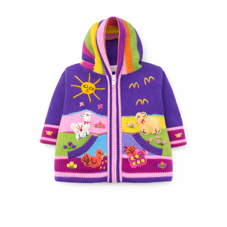 Colorful knitted children's jacket with animal designs on a white background - okotoks hc pharmacy