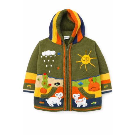 Children's knitted jacket with colorful designs on a white background - okotoks hc pharmacy