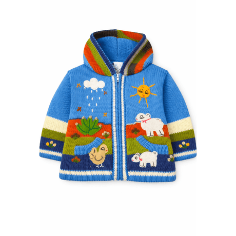 Colorful knitted jacket with animal and weather patterns on a white background - okotoks hc pharmacy