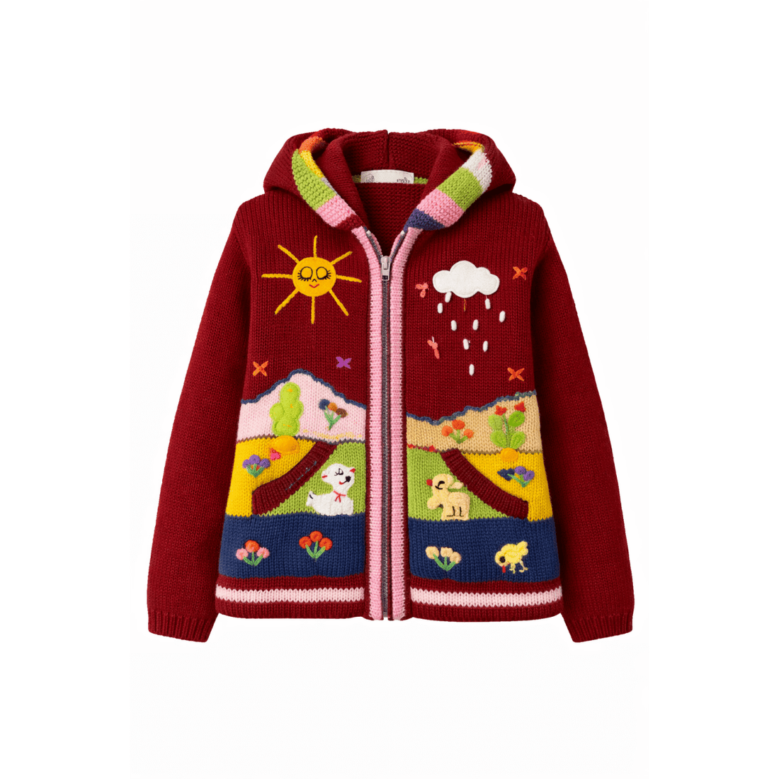 Colorful knitted hoodie with cartoon designs on a white background - okotoks hc pharmacy