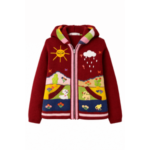 Colorful knitted hoodie with cartoon designs on a white background - okotoks hc pharmacy