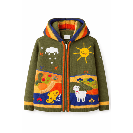 Children's knitted jacket with colorful designs on a white background - okotoks hc pharmacy