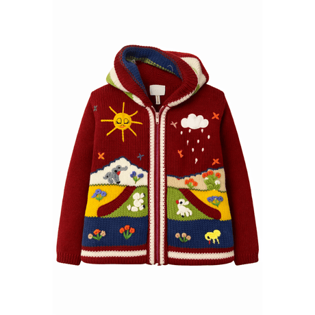 Children's red knitted jacket with colorful designs on a white background - okotoks hc pharmacy