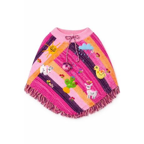 Colorful knitted poncho with cartoon designs on a white background - okotoks hc pharmacy