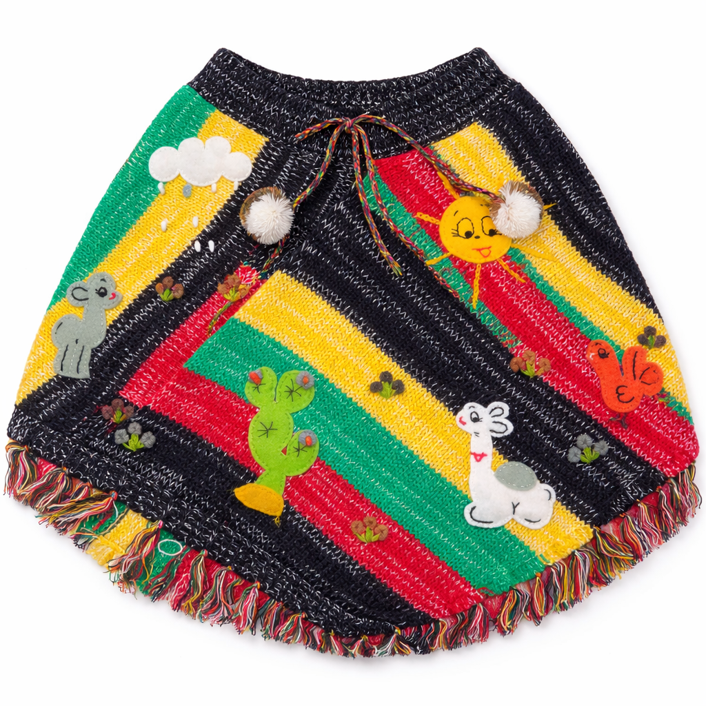 Colorful knitted poncho with cartoon characters on a white background - okotoks hc pharmacy