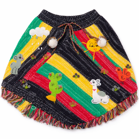 Colorful knitted poncho with cartoon characters on a white background - okotoks hc pharmacy