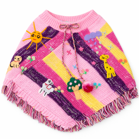 Colorful knitted poncho with animal designs on a white background - okotoks hc pharmacy