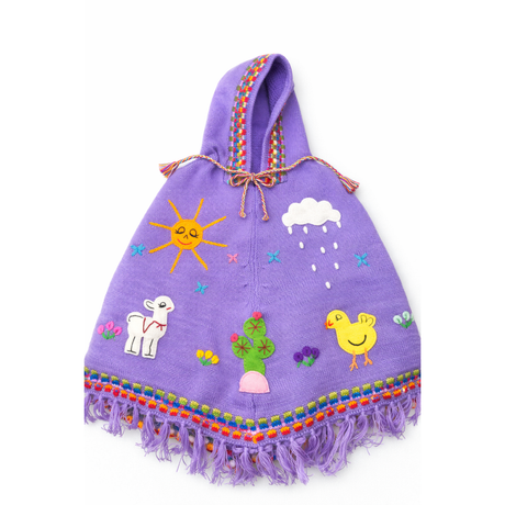Purple children's hooded poncho with colorful designs on a white background - okotoks hc pharmacy