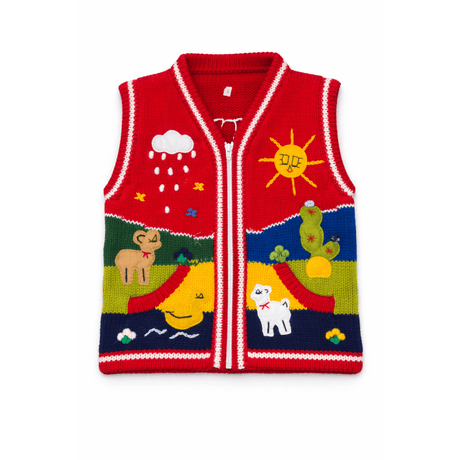Red children's vest with colorful patterns on a white background - okotoks hc pharmacy
