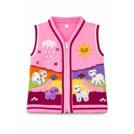 Colorful knitted vest with animal designs on a white background - okotoks hc pharmacy