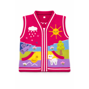 Colorful knitted vest with cartoon designs on a white background - okotoks hc pharmacy