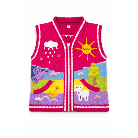 Colorful knitted vest with cartoon designs on a white background - okotoks hc pharmacy