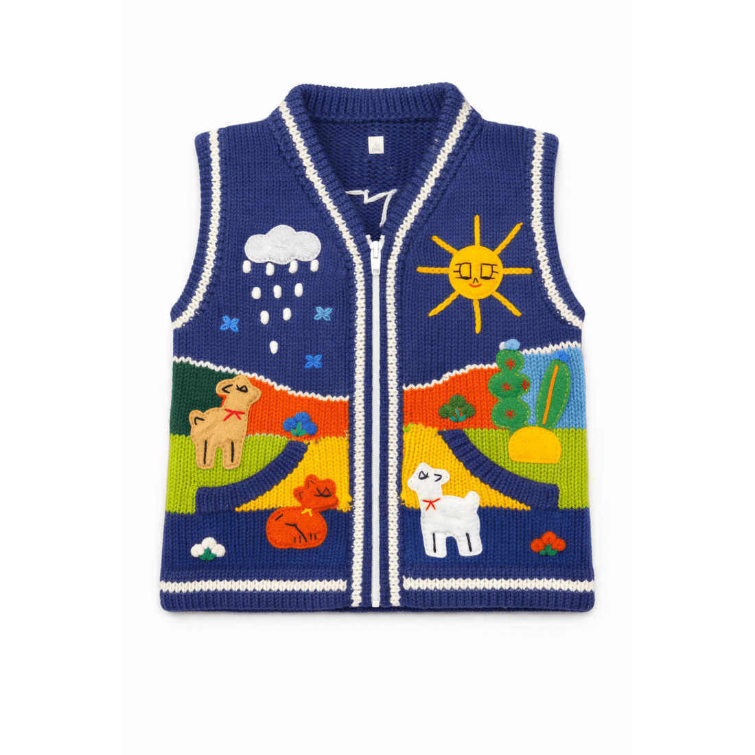 Children's knitted vest with colorful weather and nature designs on a white background - okotoks hc pharmacy