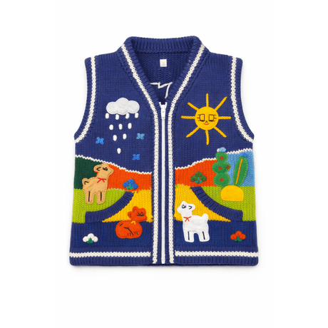 Children's knitted vest with colorful weather and nature designs on a white background - okotoks hc pharmacy
