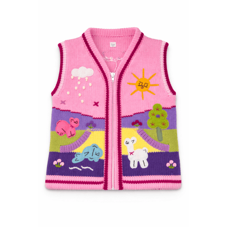 Colorful children's knitted vest with cartoon designs on a white background - okotoks hc pharmacy