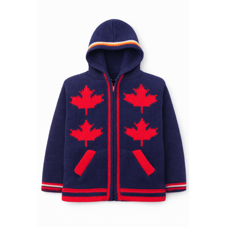 Navy blue hoodie with red maple leaf patterns on a white background - okotoks hc pharmacy