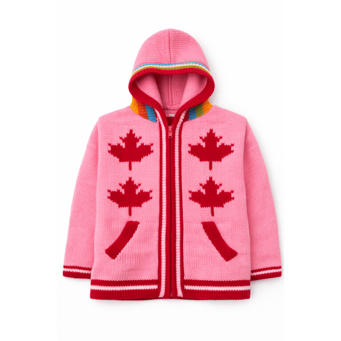 Pink knitted hoodie with red maple leaf patterns on a white background - okotoks hc pharmacy