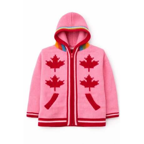 Pink knitted hoodie with red maple leaf patterns on a white background - okotoks hc pharmacy