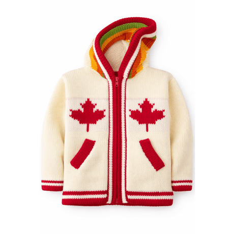 Children's sweater with red maple leaf designs on a white background - okotoks hc pharmacy