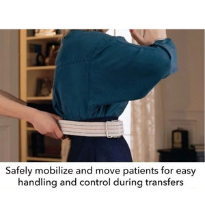 Person wearing a belt with text about safely mobilizing and moving patients during transfers. - okotoks hc pharmacy