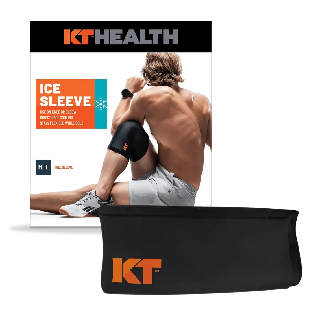 KT Health ice sleeve packaging with a person using the ice sleeve on their knee. - okotoks hc pharmacy