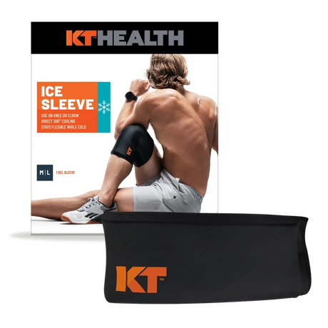 KT Health ice sleeve packaging with a person using the ice sleeve on their knee. - okotoks hc pharmacy