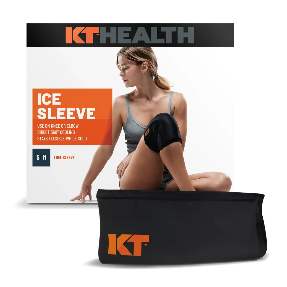 KT Health ice sleeve with packaging and a woman using it on a white background - okotoks hc pharmacy
