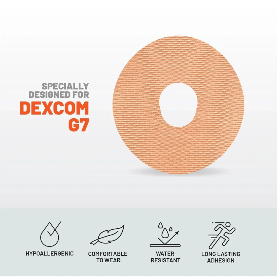 Dexcom G7 sensor adhesive patch with features listed on a light gray background - okotoks hc pharmacy