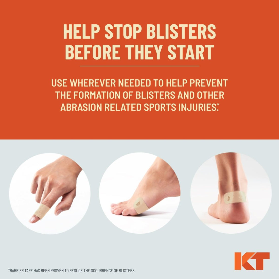 Advertisement for KIT blister prevention tape with images of hands and feet wearing the tape on an orange and gray background. - okotoks hc pharmacy