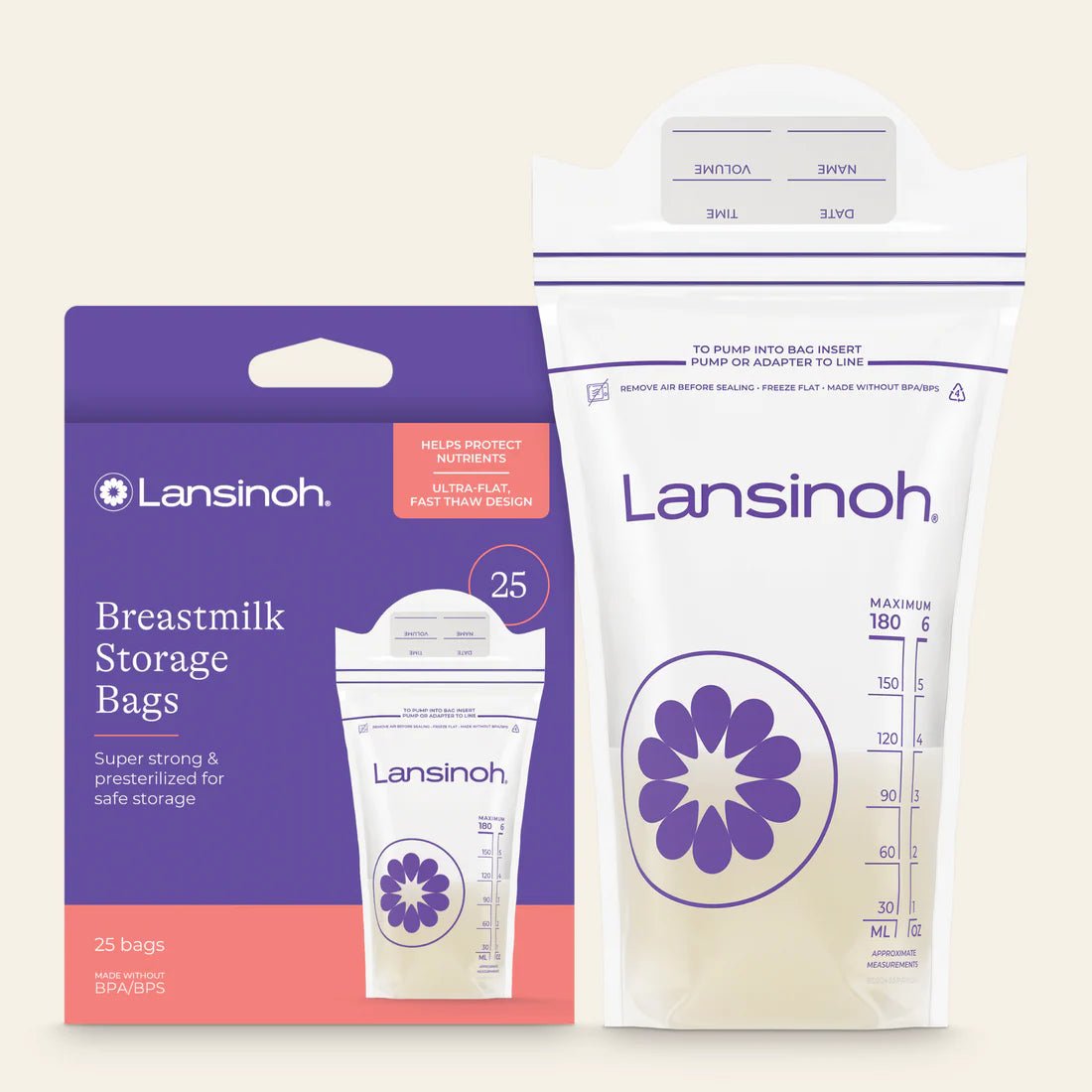 Lansinoh breastmilk storage bags packaging and a single bag on a beige background - okotoks hc pharmacy