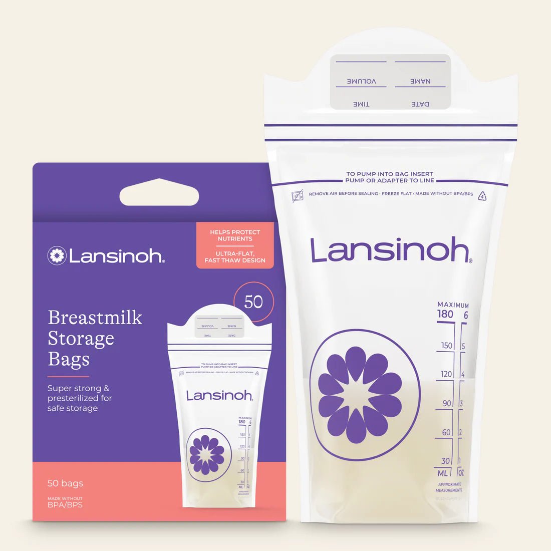 Lansinoh breastmilk storage bags packaging and bags on a white background - okotoks hc pharmacy