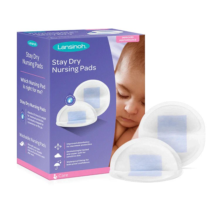 Lansinoh Stay Dry Nursing Pads packaging with a baby image on a white background - okotoks hc pharmacy