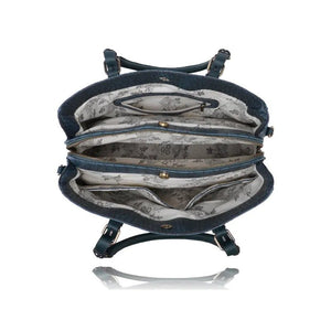 Open blue handbag with floral patterned interior on a white background - okotoks hc pharmacy