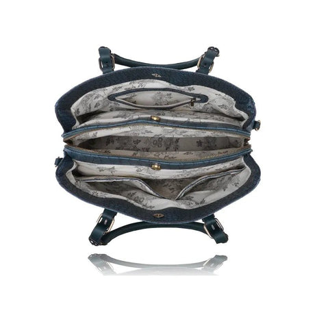 Open blue handbag with floral patterned interior on a white background - okotoks hc pharmacy