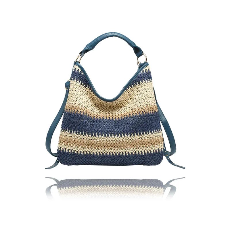 Woven handbag with blue and beige stripes on a white background - okotoks hc pharmacy