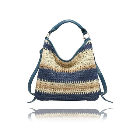 Woven handbag with blue and beige stripes on a white background - okotoks hc pharmacy