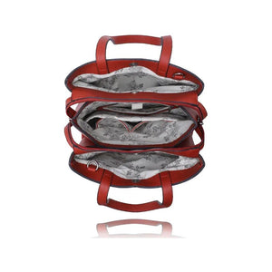 Red leather handbag with floral interior lining on a white background - okotoks hc pharmacy