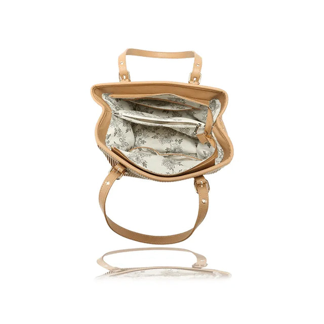 Beige handbag with floral interior on a white background - okotoks hc pharmacy