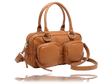 A tan leather handbag with dual top handles, a detachable shoulder strap, and multiple front zippered pockets, shown on a white background with a reflection below. - okotoks hc pharmacy