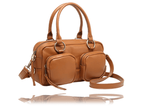 A tan leather handbag with dual top handles, a detachable shoulder strap, and multiple front zippered pockets, shown on a white background with a reflection below. - okotoks hc pharmacy