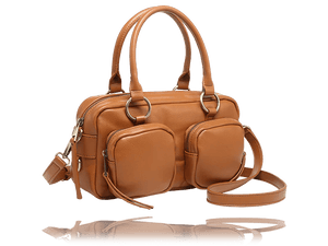 A tan leather handbag with dual top handles, a detachable shoulder strap, and multiple front zippered pockets, shown on a white background with a reflection below. - okotoks hc pharmacy