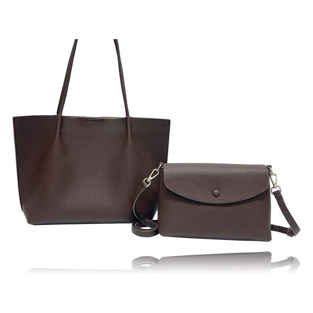 Brown leather tote and clutch bag set on a white background - okotoks hc pharmacy