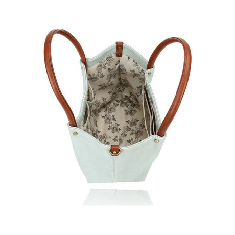 Light blue handbag with brown handles and floral interior on a white background - okotoks hc pharmacy