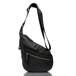 A black leather shoulder bag with gold-tone hardware and a long strap, shown from a side profile on a reflective white surface. - okotoks hc pharmacy